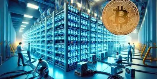 Large-scale Bitcoin mining farm with rows of miners connected