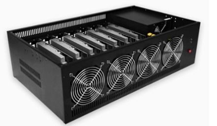 A mining rig with multiple GPUs, highlighting the hardware investment required for mining.