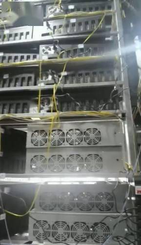 A close-up view of a high-performance mining rig used for cryptocurrency mining.